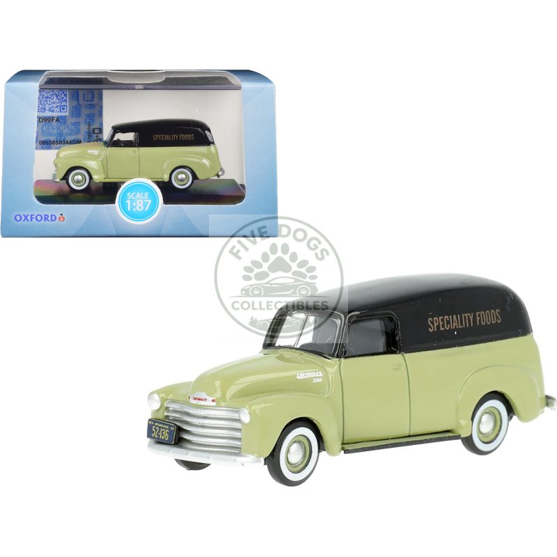 1950 chevrolet panel van "speciality foods" light green and black 1/87 (ho) scale diecast model car by oxford diecast