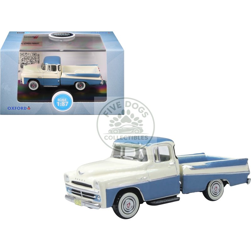 1957 dodge d100 sweptside pickup truck ice blue and glacier white 1/87 (ho) scale diecast model car by oxford diecast