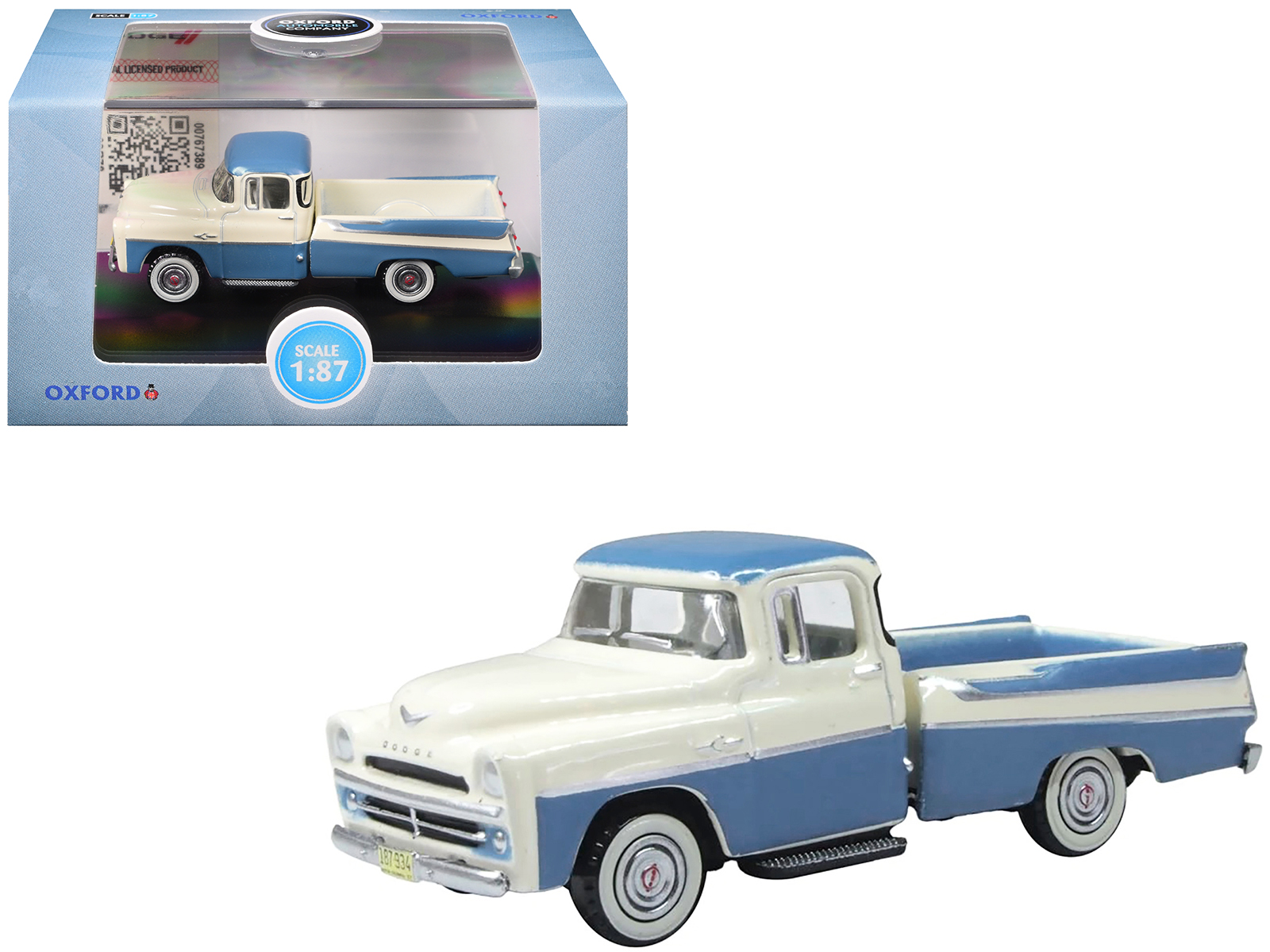 1957 dodge d100 sweptside pickup truck ice blue and glacier white 1/87 (ho) scale diecast model car by oxford diecast 1957 dodge d100 sweptside pickup truck ice blue and glacier white 1/87 (ho) scale diecast model car by oxford diecast