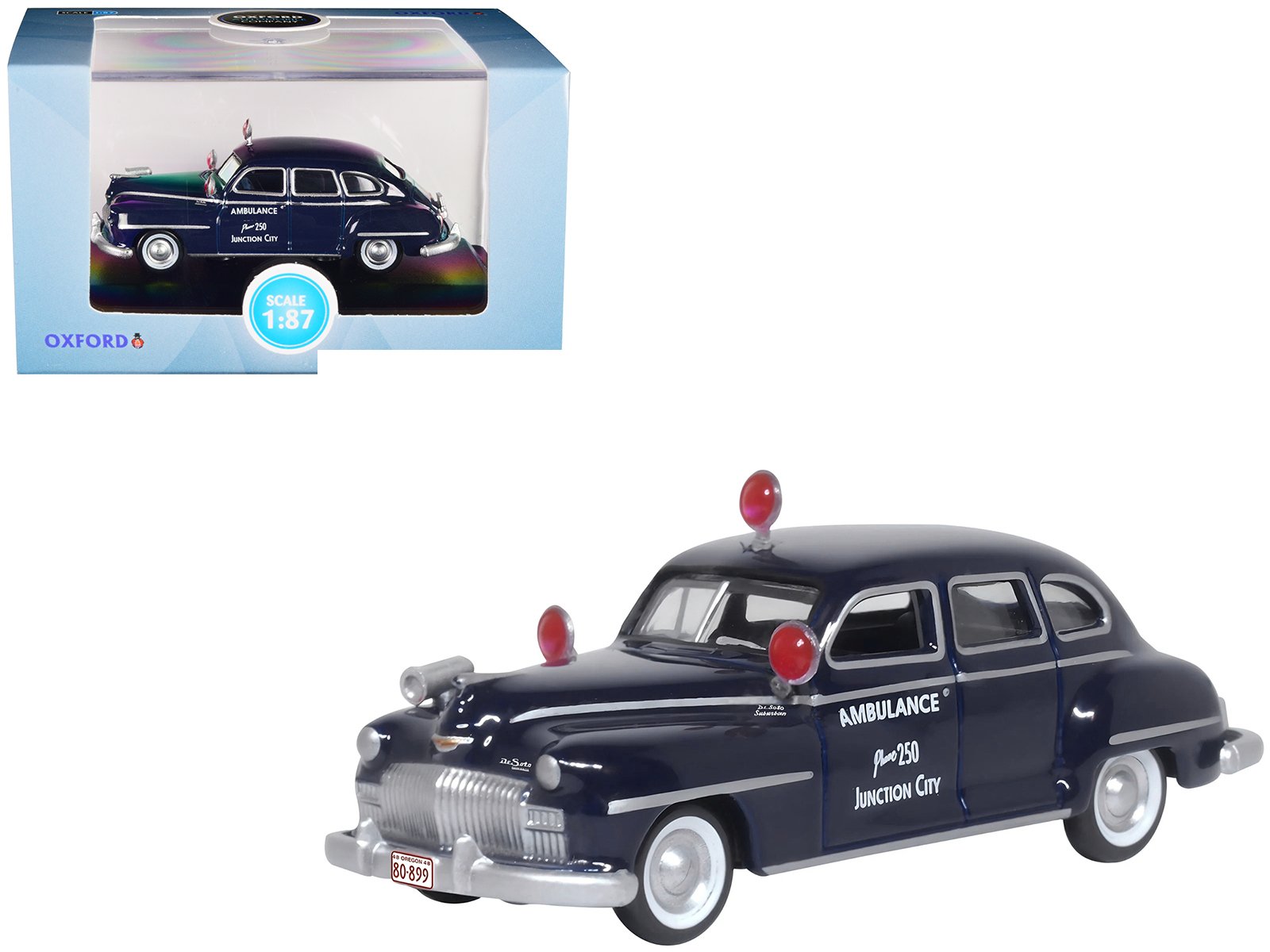 1946 desoto suburban ambulance dark blue "junction city ambulance" 1/87 (ho) scale diecast model car by oxford diecast 1946 desoto suburban ambulance dark blue "junction city ambulance" 1/87 (ho) scale diecast model car by oxford diecast