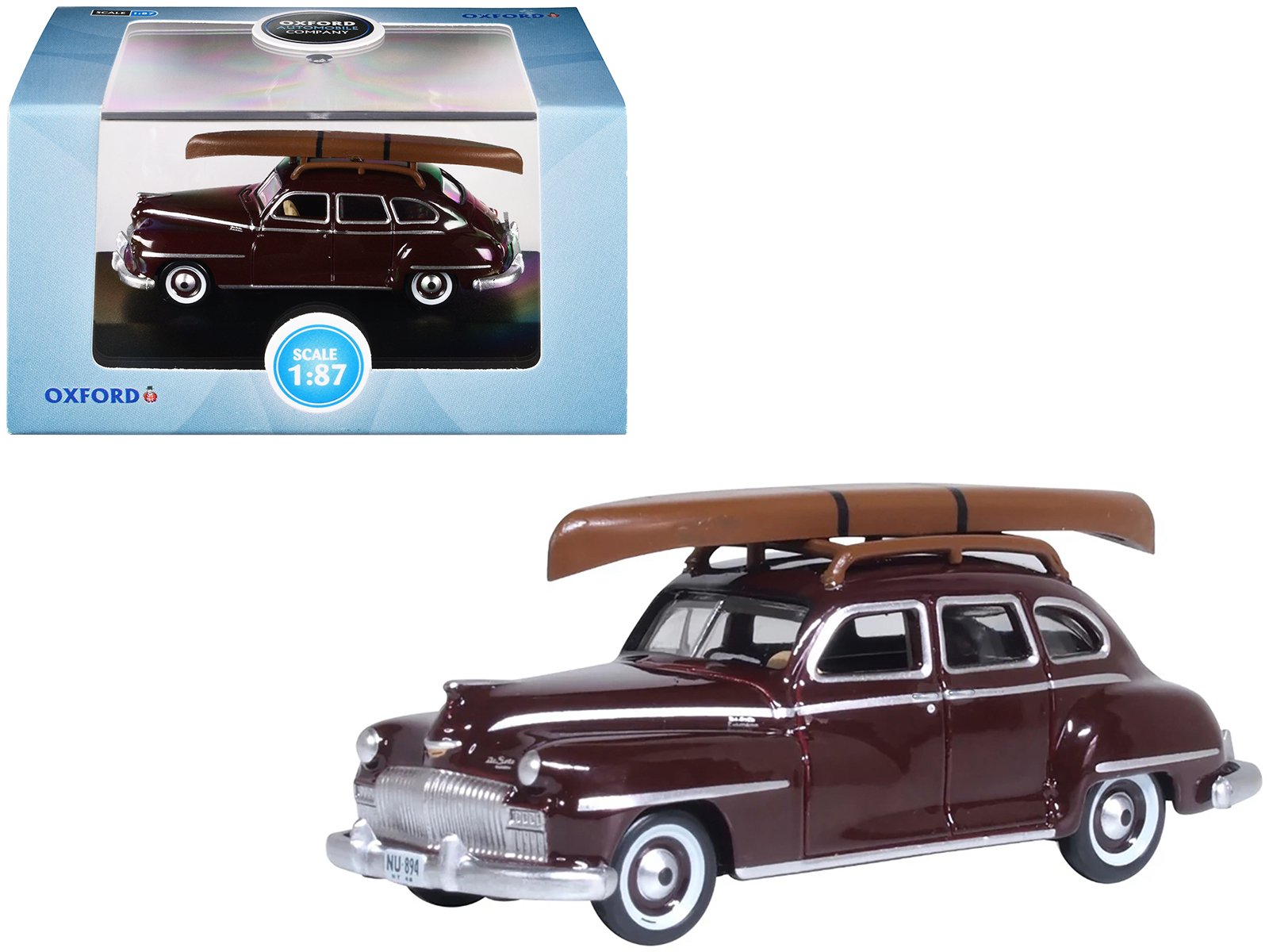 1946 desoto suburban with roof rack and canoe royal maroon 1/87 (ho) scale diecast model car by oxford diecast 1946 desoto suburban with roof rack and canoe royal maroon 1/87 (ho) scale diecast model car by oxford diecast