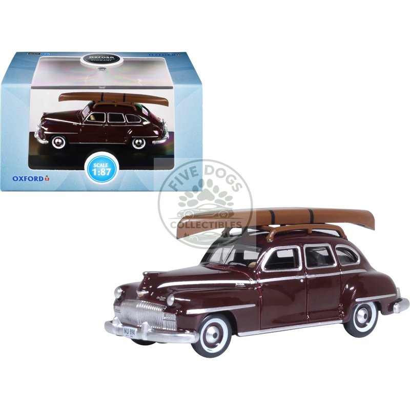 1946 desoto suburban with roof rack and canoe royal maroon 1/87 (ho) scale diecast model car by oxford diecast