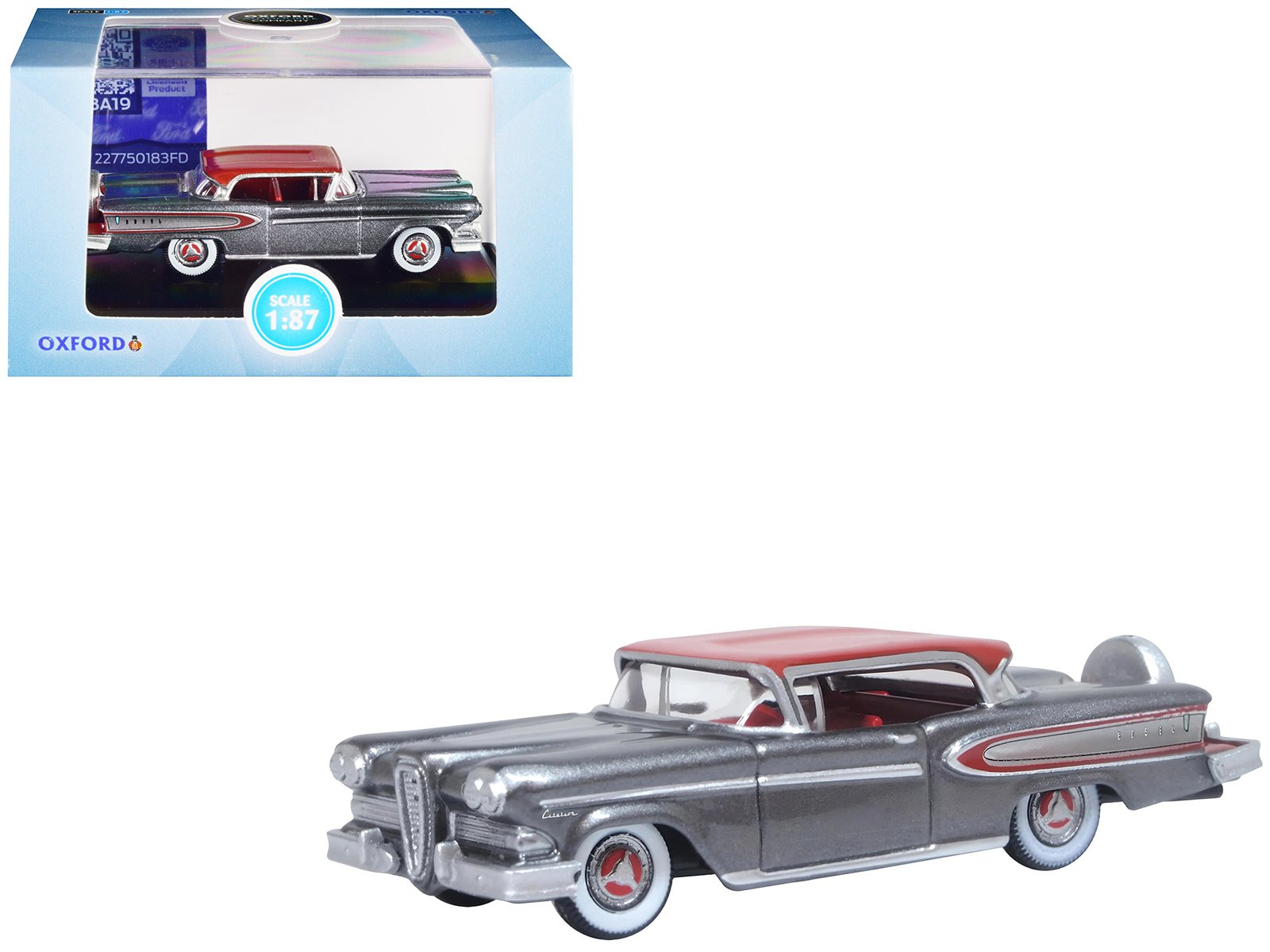 1958 edsel citation silver gray metallic with ember red top and red interior 1/87 (ho) scale diecast model car by oxford diecast 1958 edsel citation silver gray metallic with ember red top and red interior 1/87 (ho) scale diecast model car by oxford diecast