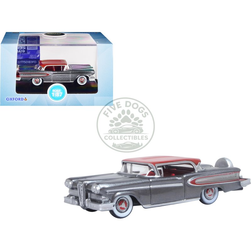1958 edsel citation silver gray metallic with ember red top and red interior 1/87 (ho) scale diecast model car by oxford diecast