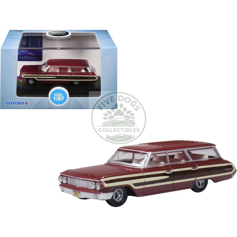 1964 ford country station wagon squire vintage burgundy with woodgrain sides and white interior 1/87 (ho) scale diecast model car by oxford diecast