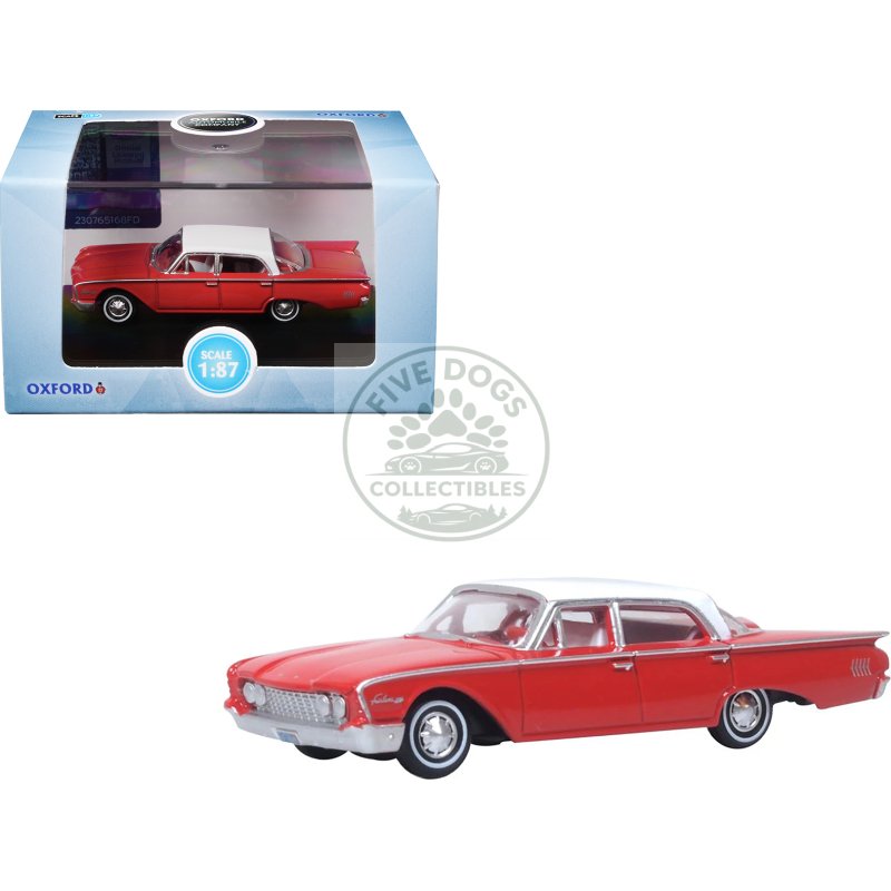 1960 ford fairlane sedan 500 monte carlo red with corinthian white top and interior 1/87 (ho) scale diecast model car by oxford diecast