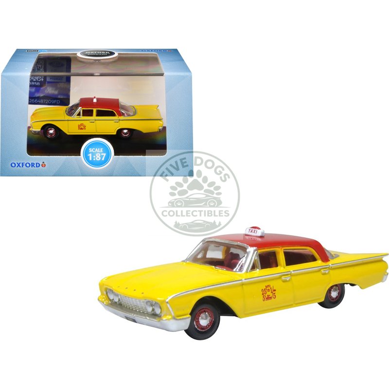 1960 ford fairlane sedan "nyc taxi" yellow with red top and interior 1/87 (ho) scale diecast model car by oxford diecast
