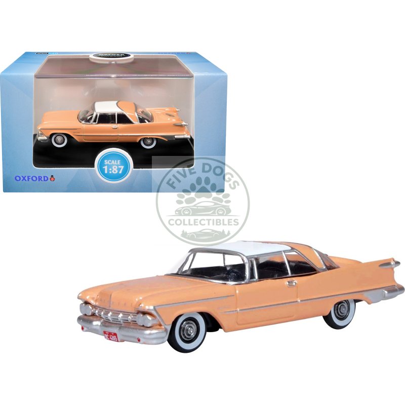 1959 chrysler imperial crown 2 door hardtop persian pink with white top 1/87 (ho) scale diecast model car by oxford diecast