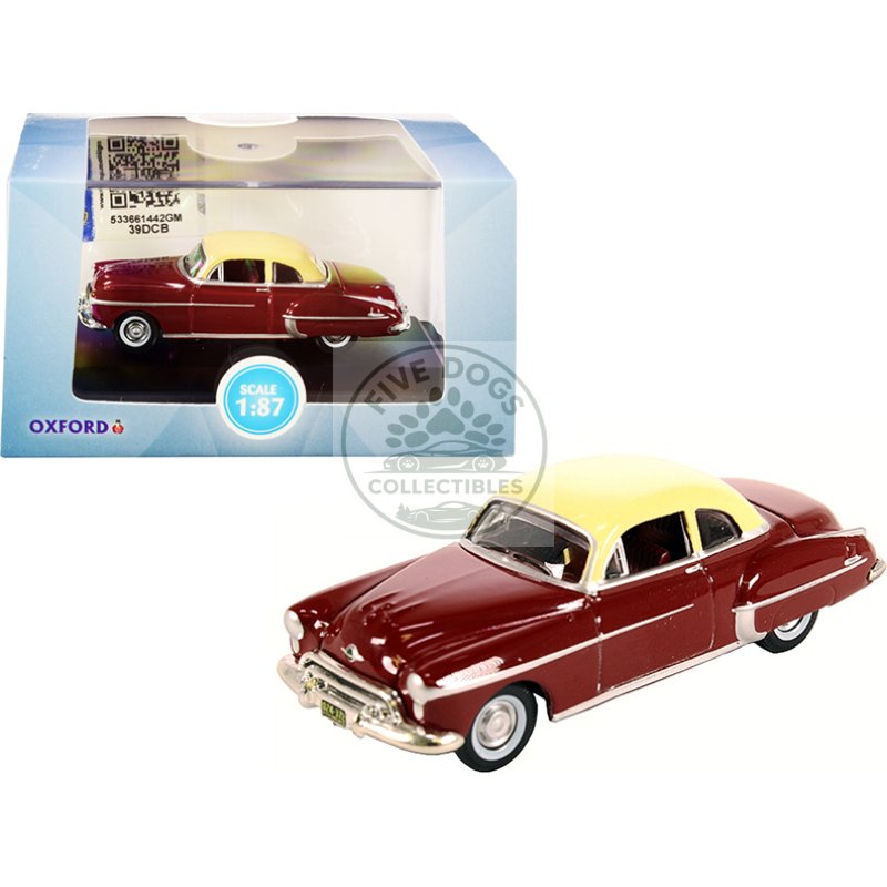 1950 oldsmobile rocket 88 coupe chariot red with canto cream top 1/87 (ho) scale diecast model car by oxford diecast