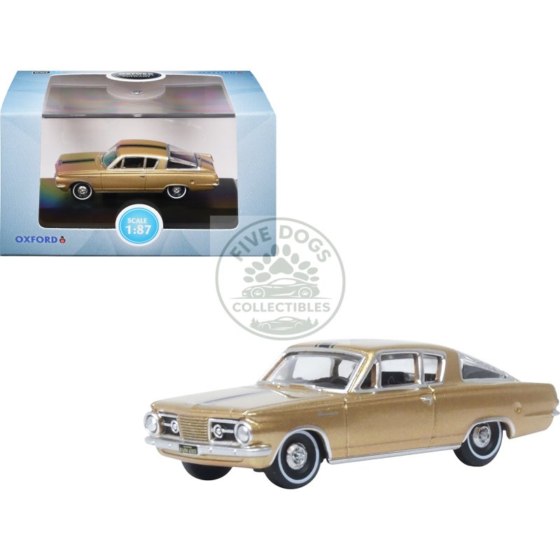 1965 plymouth barracuda gold metallic with black stripes 1/87 (ho) scale diecast model car by oxford diecast