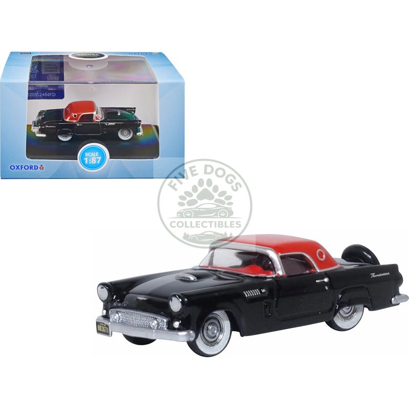 1956 ford thunderbird raven black with fiesta red top 1/87 (ho) scale diecast model car by oxford diecast