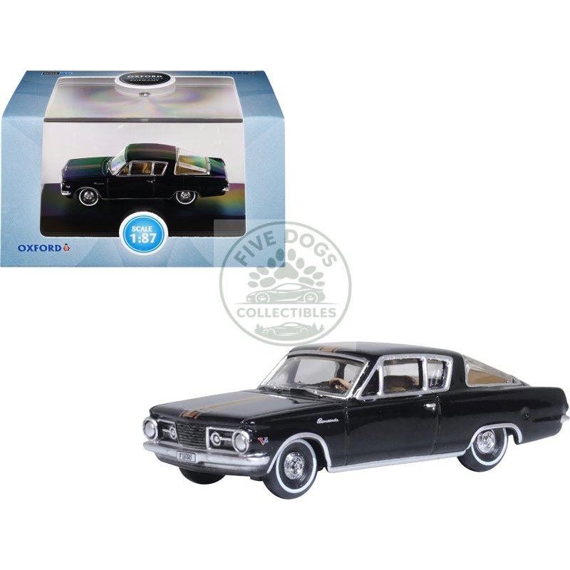 1965 plymouth barracuda black with gold stripes 1/87 (ho) scale diecast model car by oxford diecast