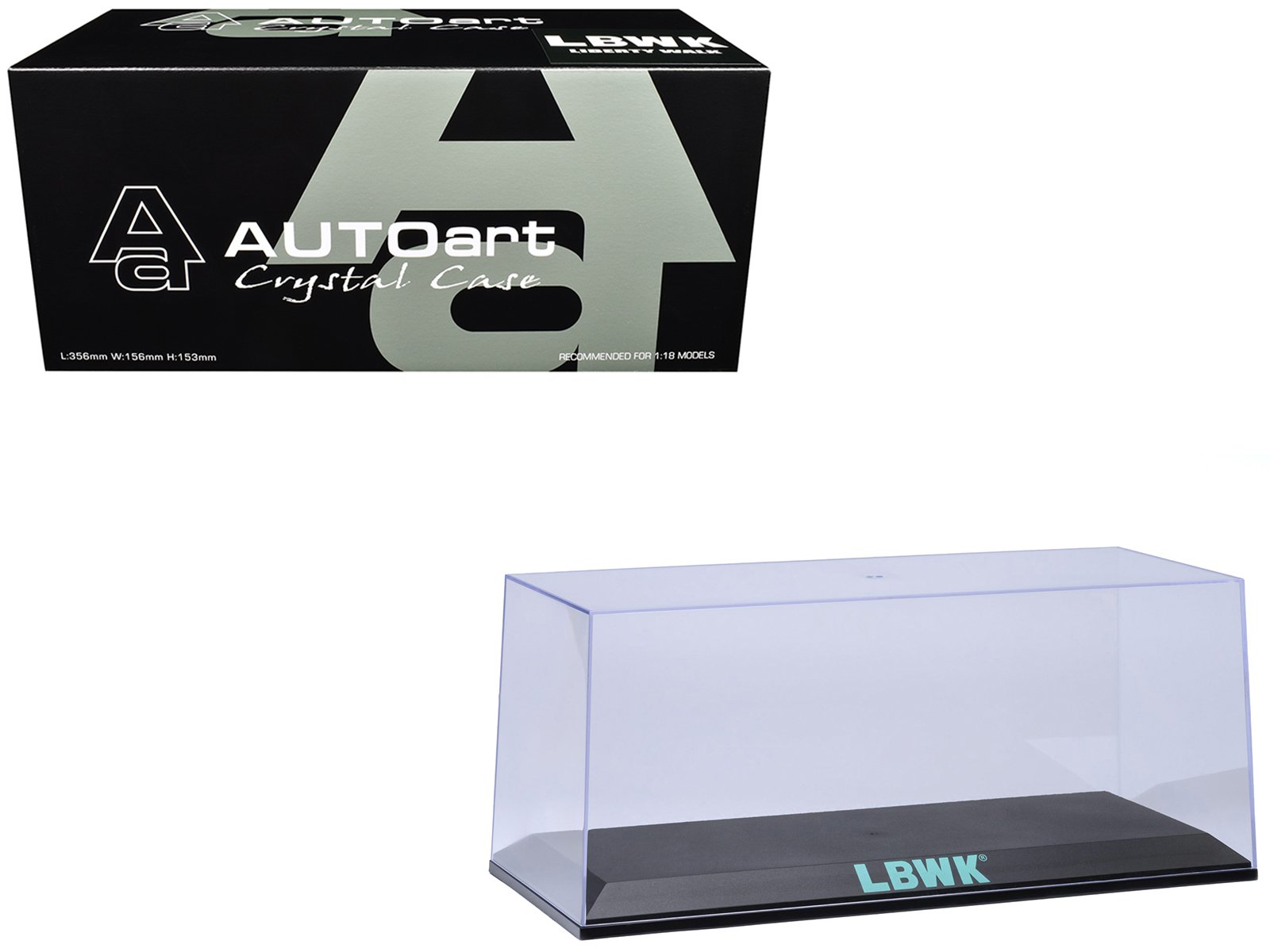 collectible display show case with black plastic base and green "lbwk" logo for 1/18 1/24 scale model cars by autoart collectible display show case with black plastic base and green "lbwk" logo for 1/18 1/24 scale model cars by autoart