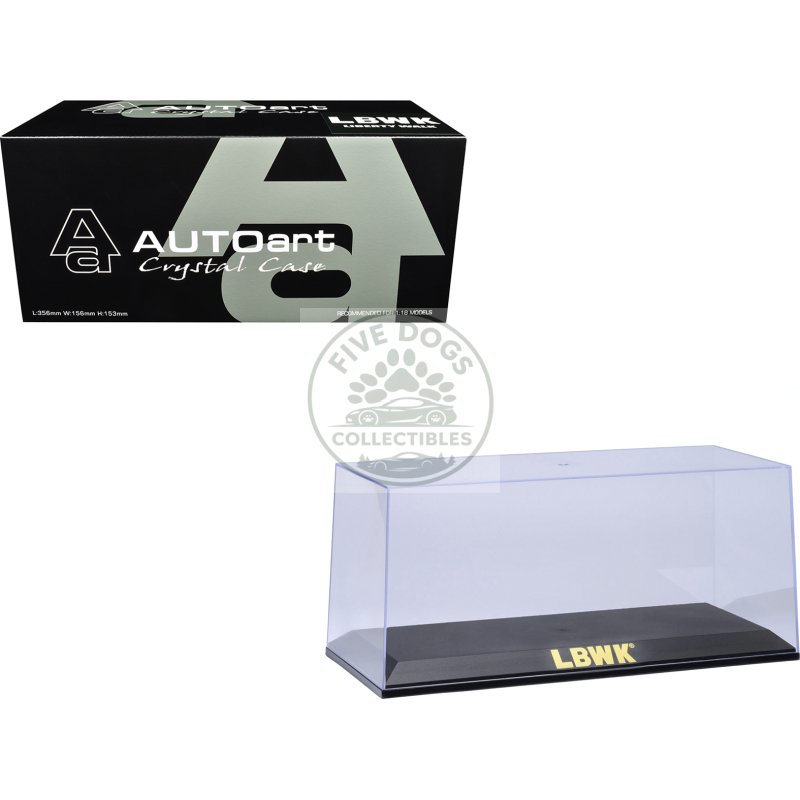 collectible display show case with black plastic base and gold "lbwk" logo for 1/18 1/24 scale model cars by autoart