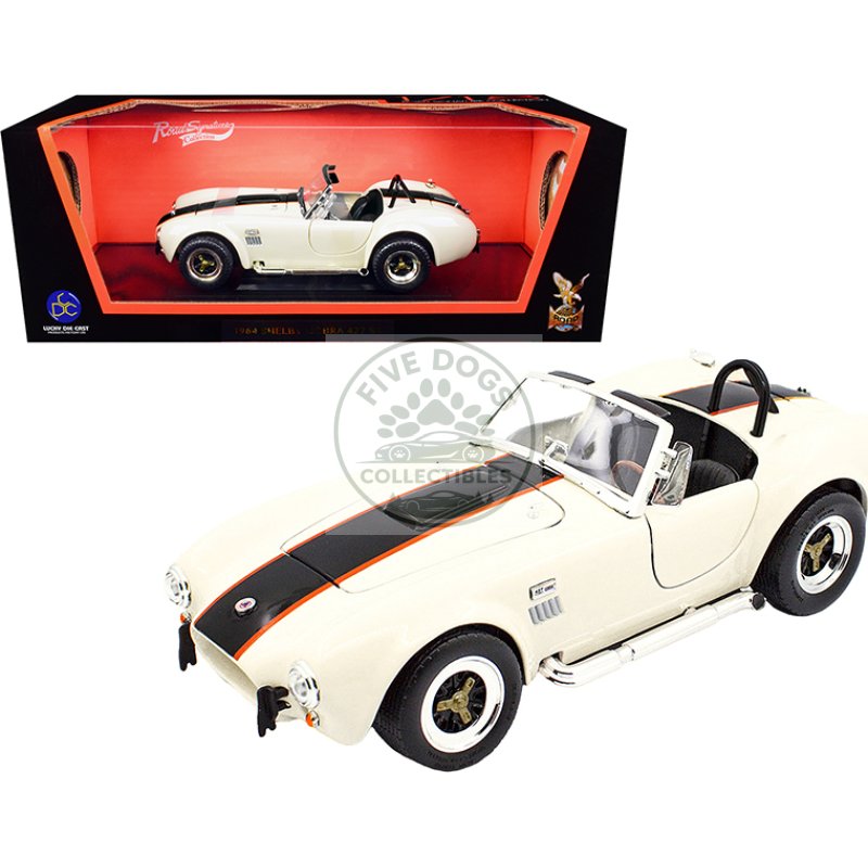 1964 shelby cobra 427 s/c roadster cream with black and orange stripes 1/18 diecast model car by road signature