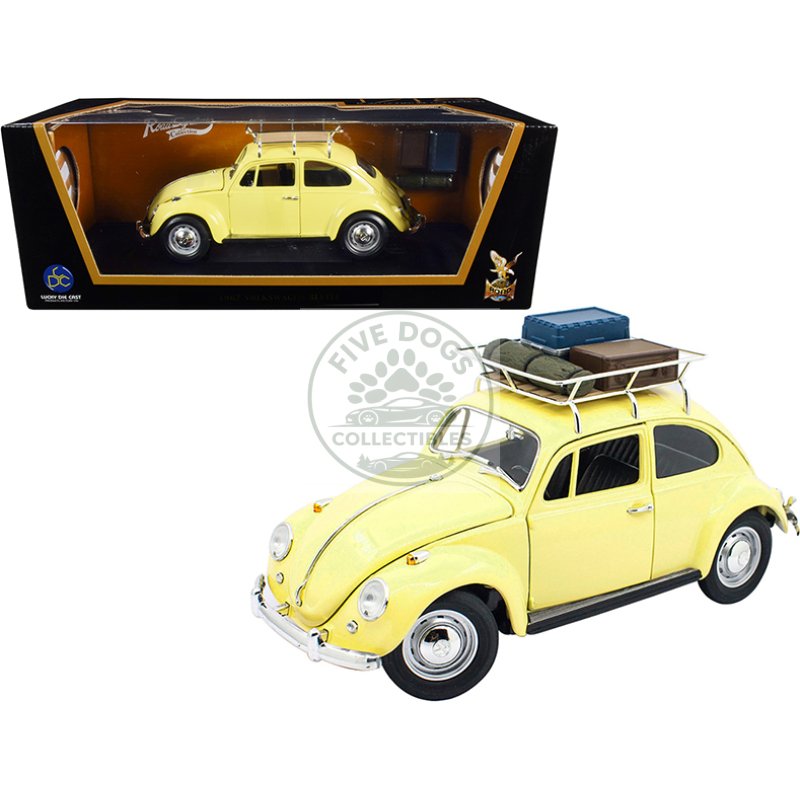 1967 volkswagen beetle with roof rack and luggage yellow 1/18 diecast model car by road signature