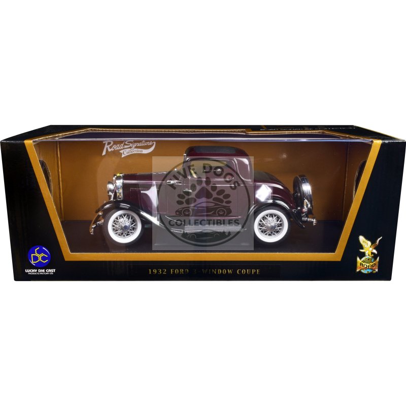 1932 ford 3 window coupe burgundy with black top 1/18 diecast model car by road signature