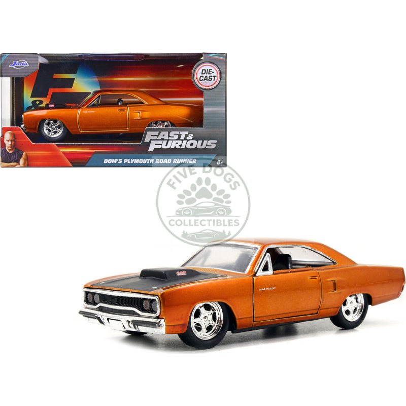 dom's plymouth road runner orange metallic with matt black hood "fast & furious" series 1/32 diecast model car by jada
