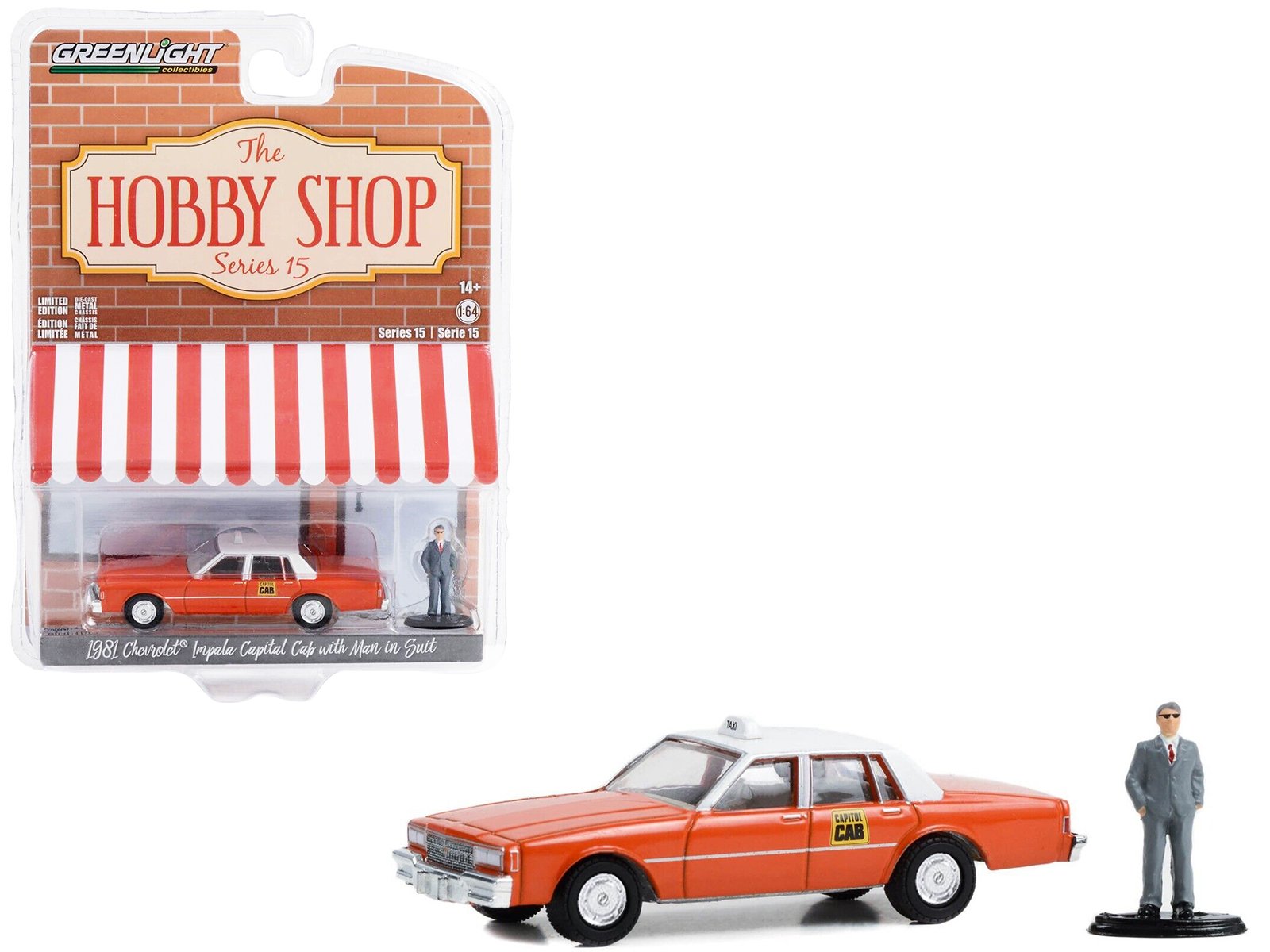 1981 chevrolet impala "capitol cab" taxi orange with white top and man in suit figure "the hobby shop" series 15 1/64 diecast model car by greenlight 1981 chevrolet impala "capitol cab" taxi orange with white top and man in suit figure "the hobby shop" series 15 1/64 diecast model car by greenlight