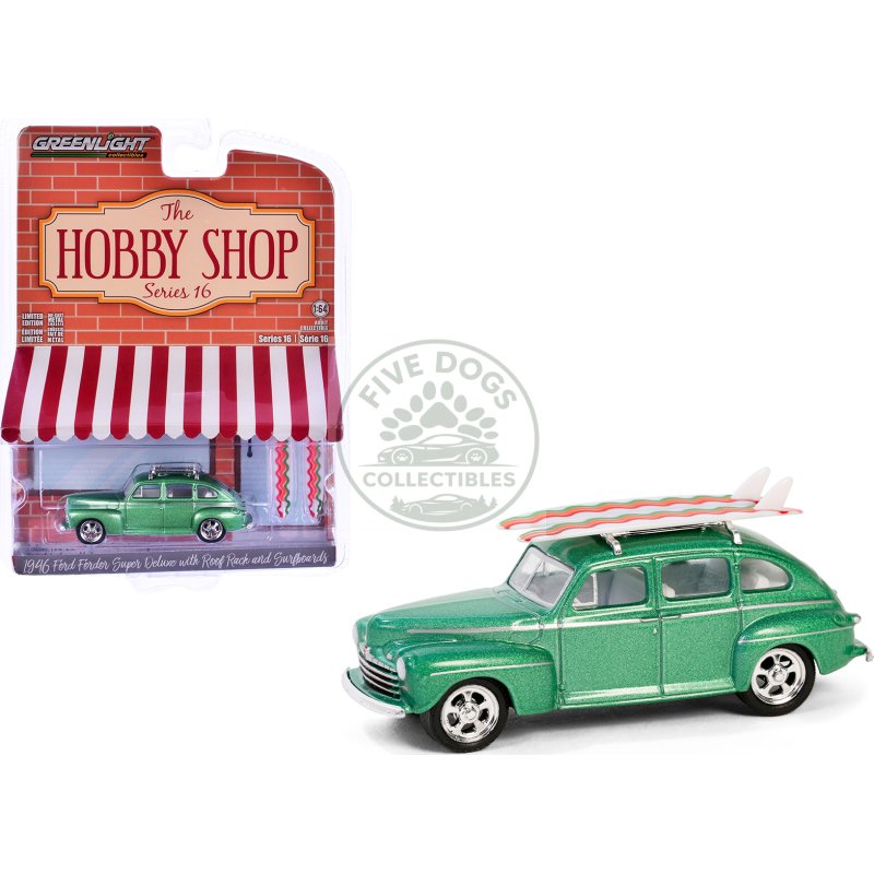1946 ford fordor super deluxe green metallic with white interior and roof rack with surfboards "the hobby shop" series 16 1/64 diecast model car by greenlight