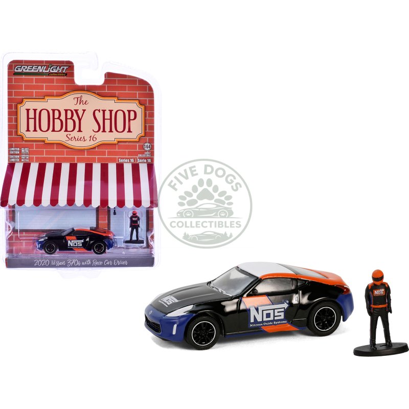 2020 nissan 370z "nos nitrous oxide systems" black with graphics and race car driver "the hobby shop" series 16 1/64 diecast model car by greenlight
