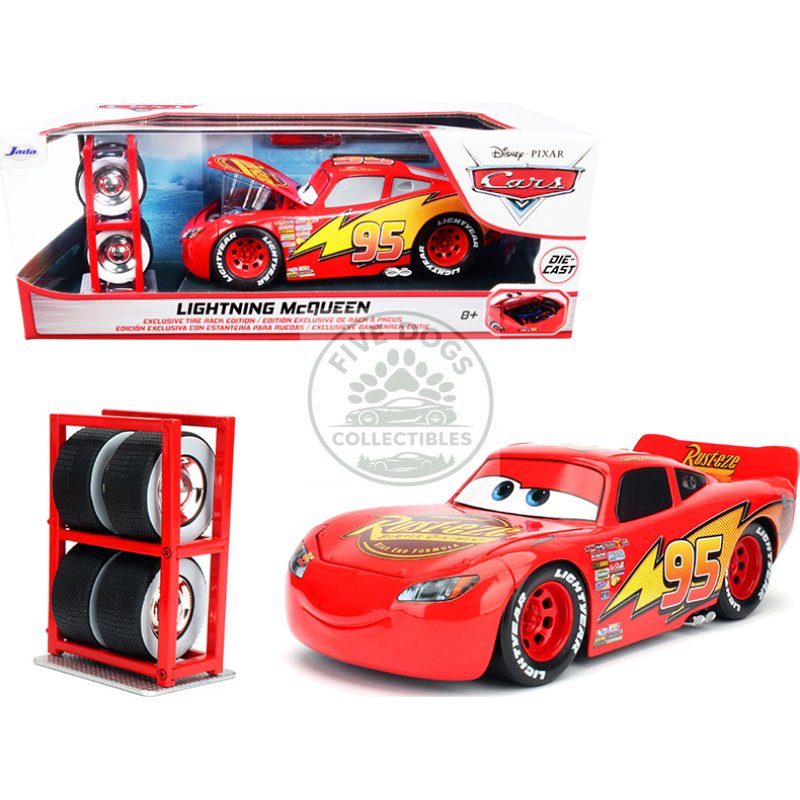 lightning mcqueen #95 red with extra wheels disney & pixar "cars" movie "hollywood rides" series diecast model car by jada