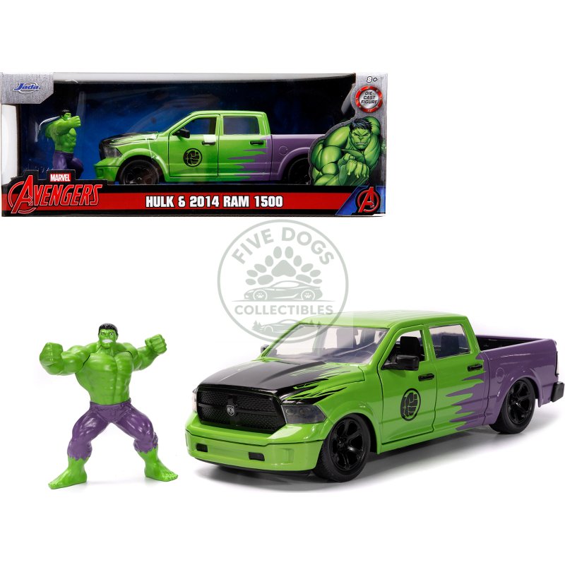 2014 ram 1500 pickup truck green and purple and hulk diecast figure "marvel avengers" "hollywood rides" series 1/24 diecast model car by jada