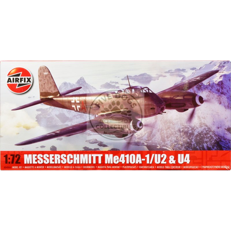 level 2 model kit messerschmitt me410a 1/u2 & u4 fighter bomber aircraft with 2 scheme options 1/72 plastic model kit by airfix