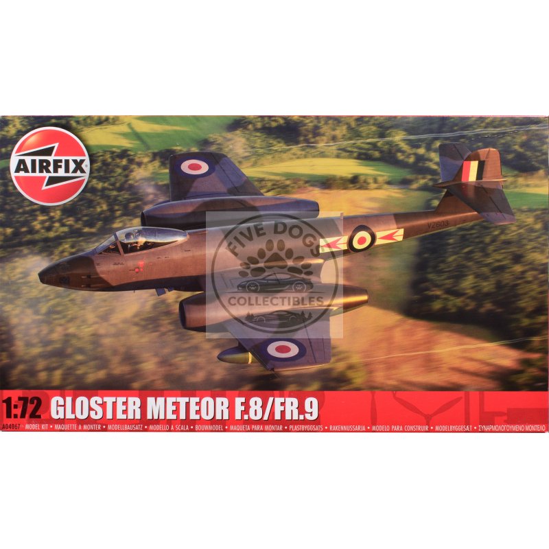level 2 model kit gloster meteor f.8/fr.9 fighter aircraft with 2 scheme options 1/72 plastic model kit by airfix