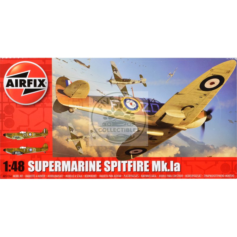 level 2 model kit supermarine spitfire mk ia fighter aircraft with 2 scheme options 1/48 plastic model kit by airfix