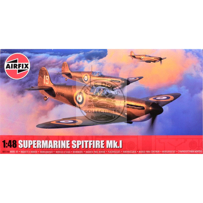level 2 model kit supermarine spitfire mk.i fighter aircraft with 3 scheme options 1/48 plastic model kit by airfix
