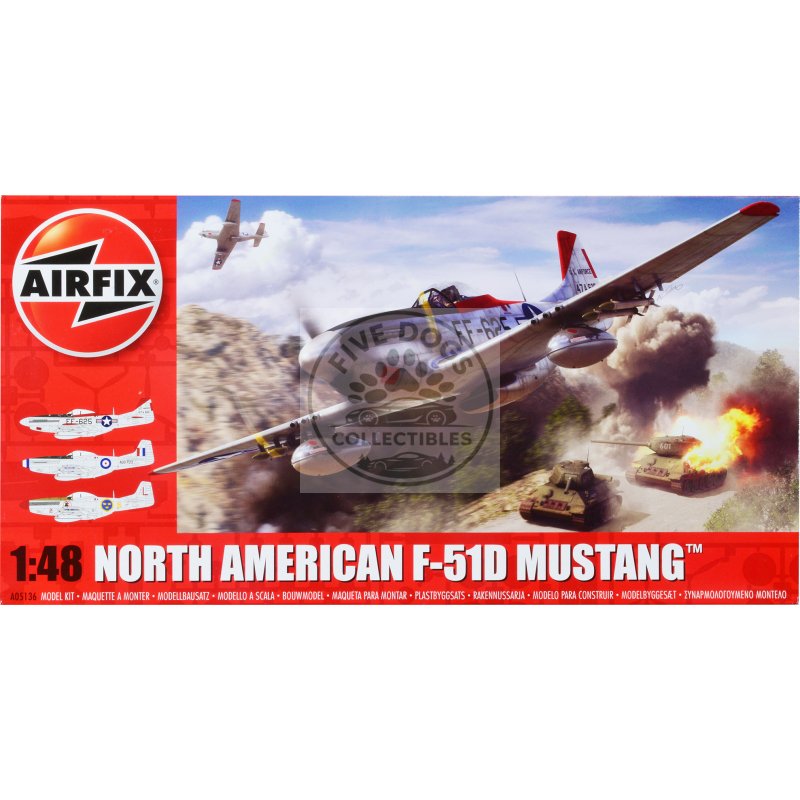 level 2 model kit north american f 51d mustang fighter aircraft with 3 scheme options 1/48 plastic model kit by airfix