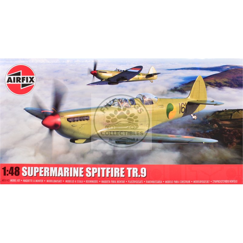 level 2 model kit supermarine spitfire tr.9 fighter aircraft with 2 scheme options 1/48 plastic model kit by airfix