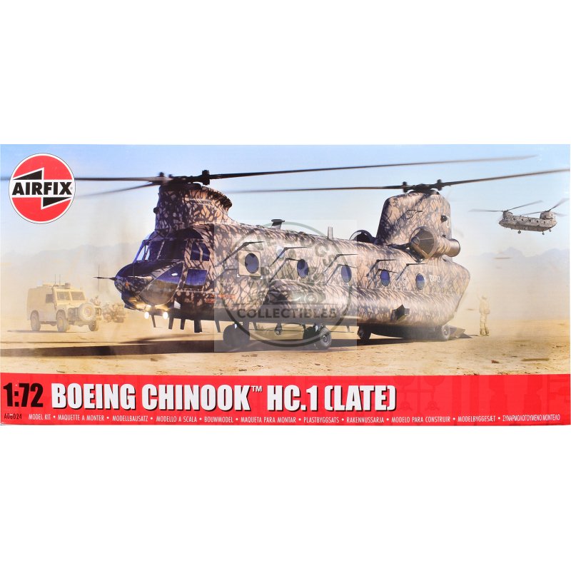 level 3 model kit boeing chinook hc.1 (late production) helicopter with 2 scheme options 1/72 plastic model kit by airfix