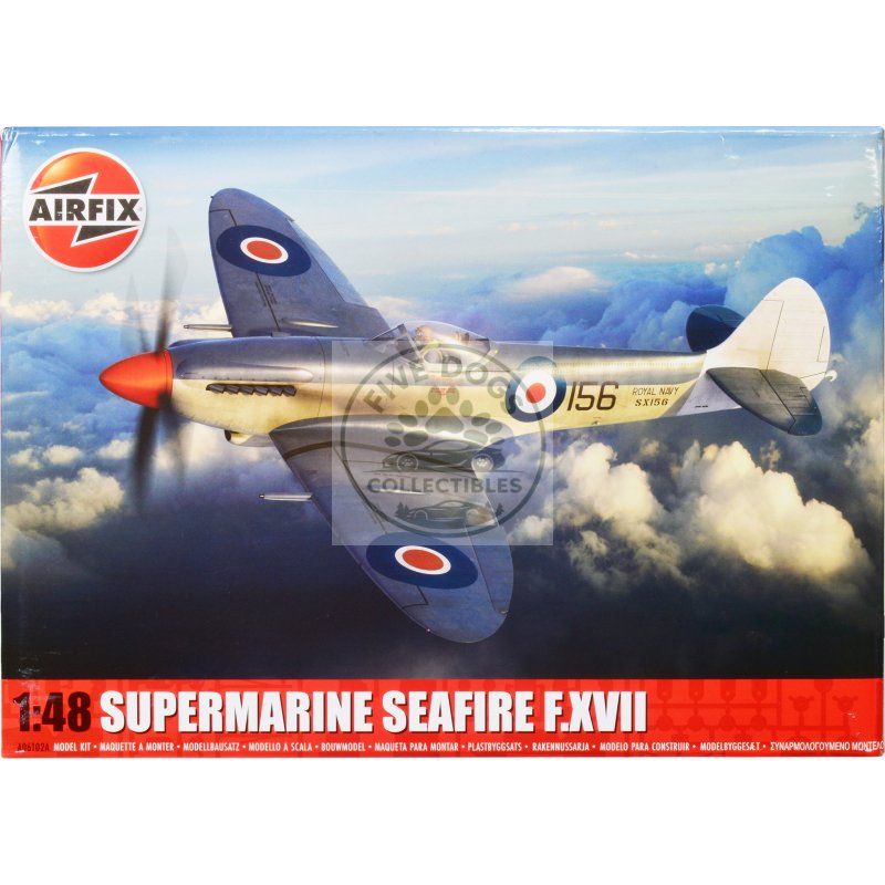 level 3 model kit supermarine seafire f.xvii fighter aircraft with 3 scheme options 1/48 plastic model kit by airfix