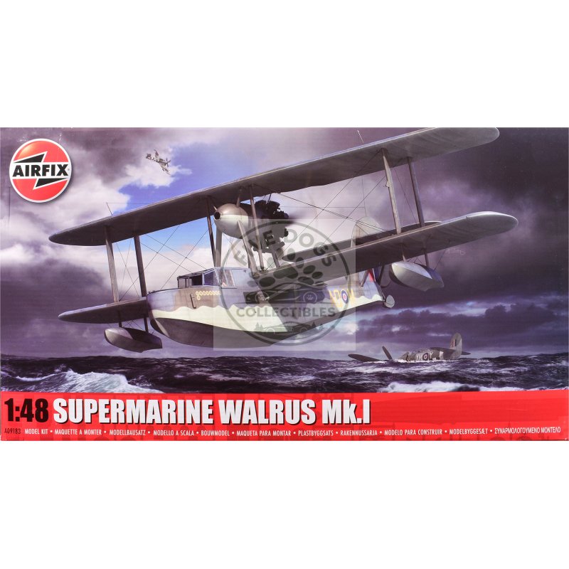 level 3 model kit supermarine walrus mk.i aircraft with 3 scheme options 1/48 plastic model kit by airfix