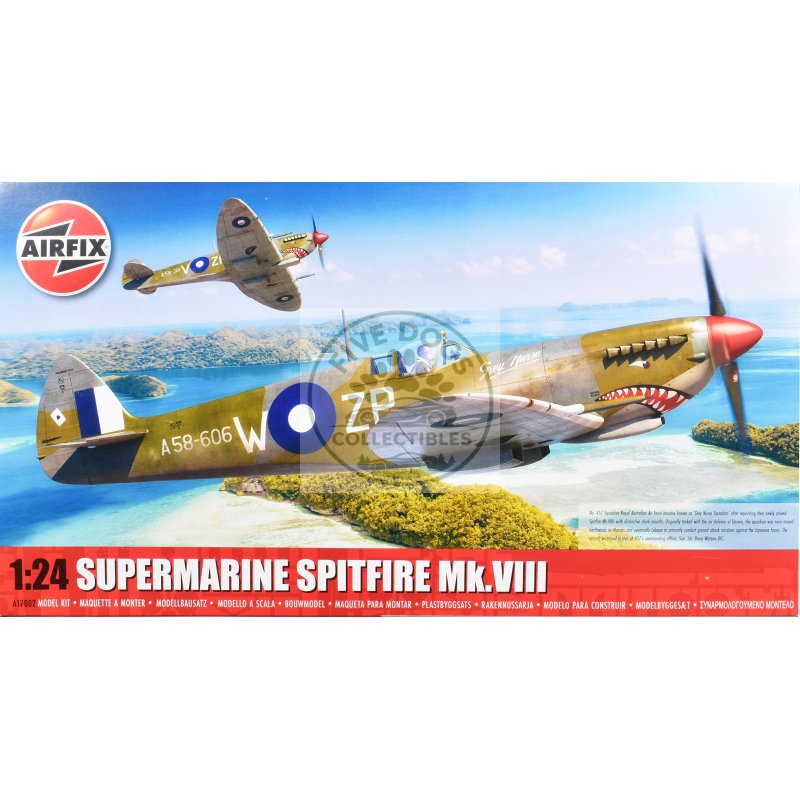 level 4 model kit supermarine spitfire mk.viii fighter aircraft with 3 scheme options 1/24 plastic model kit by airfix