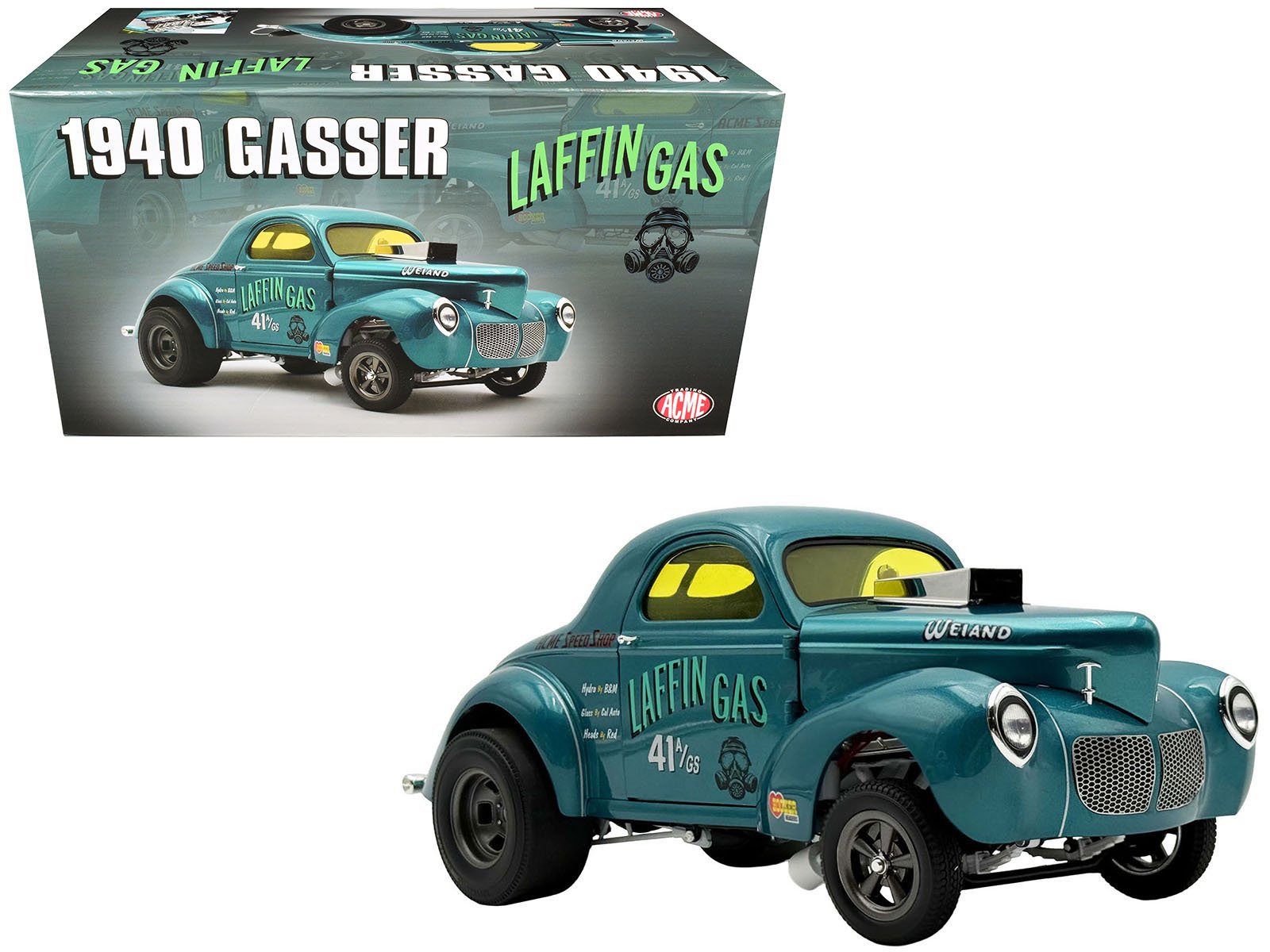 1940 gasser "laffin gas" teal metallic with graphics limited edition to 306 pieces worldwide 1/18 diecast model car by acme 1940 gasser "laffin gas" teal metallic with graphics limited edition to 306 pieces worldwide 1/18 diecast model car by acme