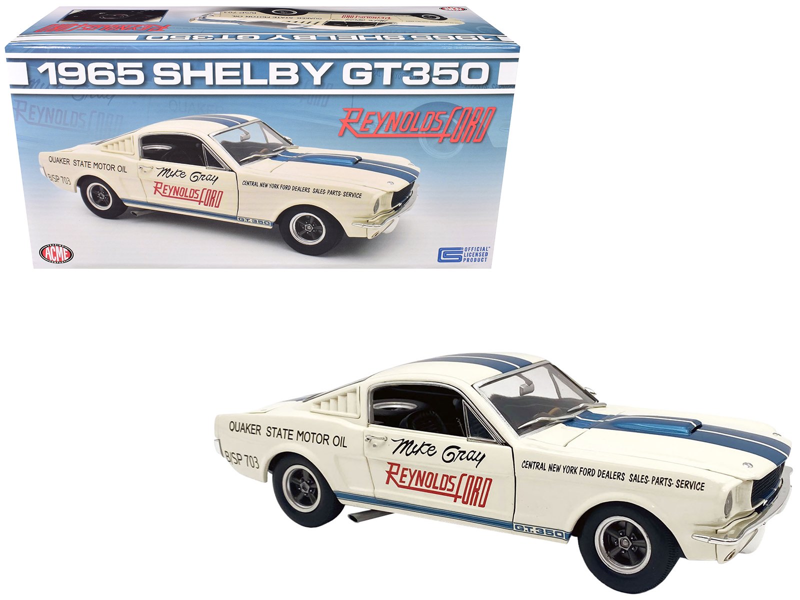 1965 shelby gt350 "reynolds ford" white with blue stripes limited edition to 204 pieces worldwide 1/18 diecast model car by acme 1965 shelby gt350 "reynolds ford" white with blue stripes limited edition to 204 pieces worldwide 1/18 diecast model car by acme