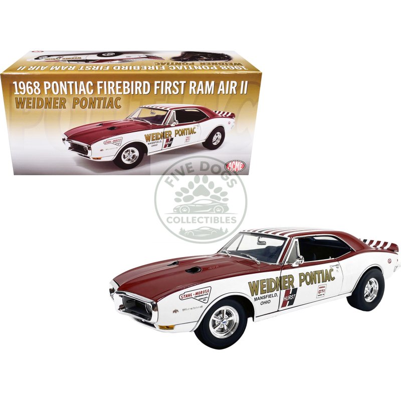 1968 pontiac firebird "first ram air ii weidner pontiac" white and red with stripes limited edition to 306 pieces worldwide 1/18 diecast model car by acme