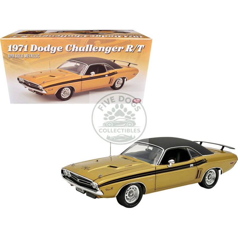 1971 dodge challenger r/t gy8 gold metallic with black stripes and black vinyl top limited edition to 360 pieces worldwide 1/18 diecast model car by acme