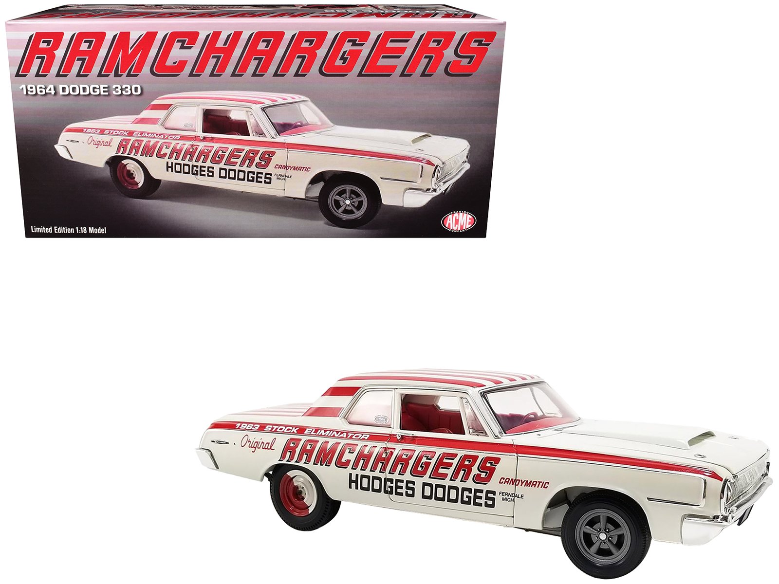 1964 dodge 330 "ramchargers" white with red graphics and stripes limited edition to 504 pieces worldwide 1/18 diecast model car by acme 1964 dodge 330 "ramchargers" white with red graphics and stripes limited edition to 504 pieces worldwide 1/18 diecast model car by acme