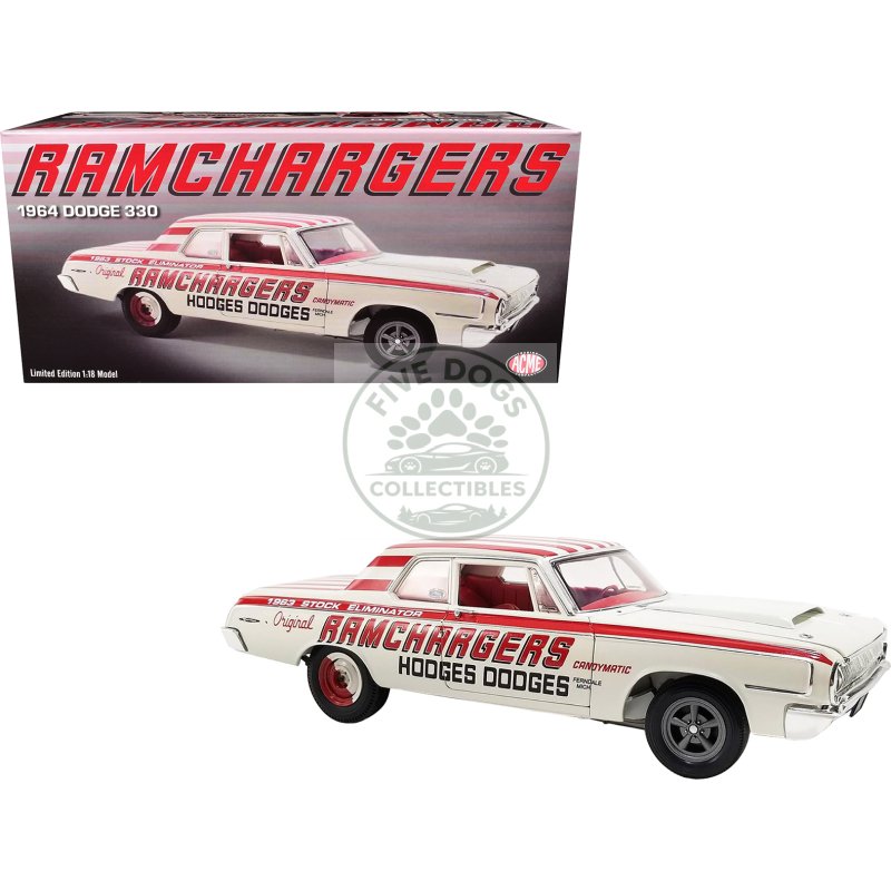 1964 dodge 330 "ramchargers" white with red graphics and stripes limited edition to 504 pieces worldwide 1/18 diecast model car by acme
