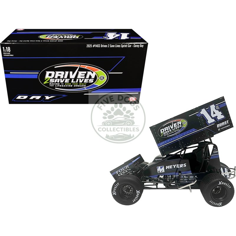 winged sprint car #14cc corey day (blue version) "driven 2 save lives" jason meyers racing (2025) 1/18 diecast model car by acme