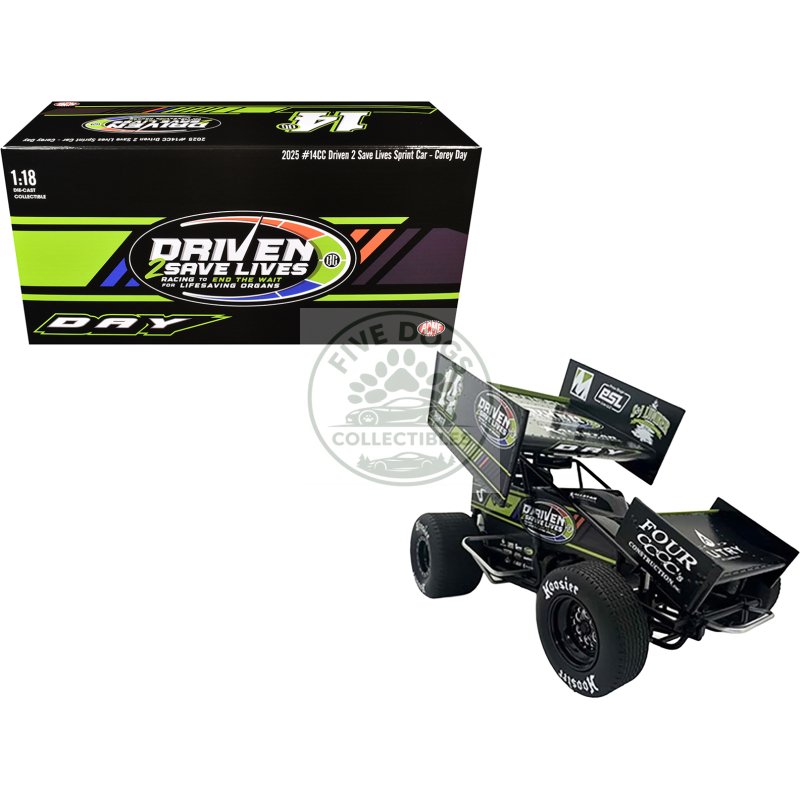 winged sprint car #14cc corey day (green version) "driven 2 save lives" jason meyers racing (2025) 1/18 diecast model car by acme