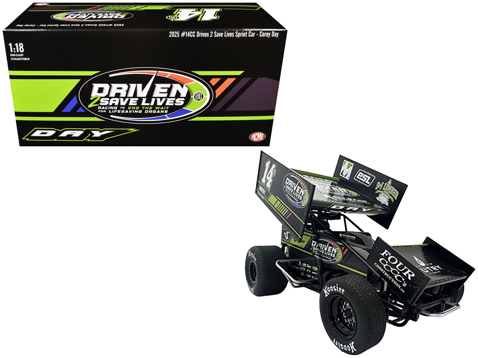 winged sprint car #14cc corey day (green version) "driven 2 save lives" jason meyers racing (2025) 1/18 diecast model car by acme winged sprint car #14cc corey day (green version) "driven 2 save lives" jason meyers racing (2025) 1/18 diecast model car by acme