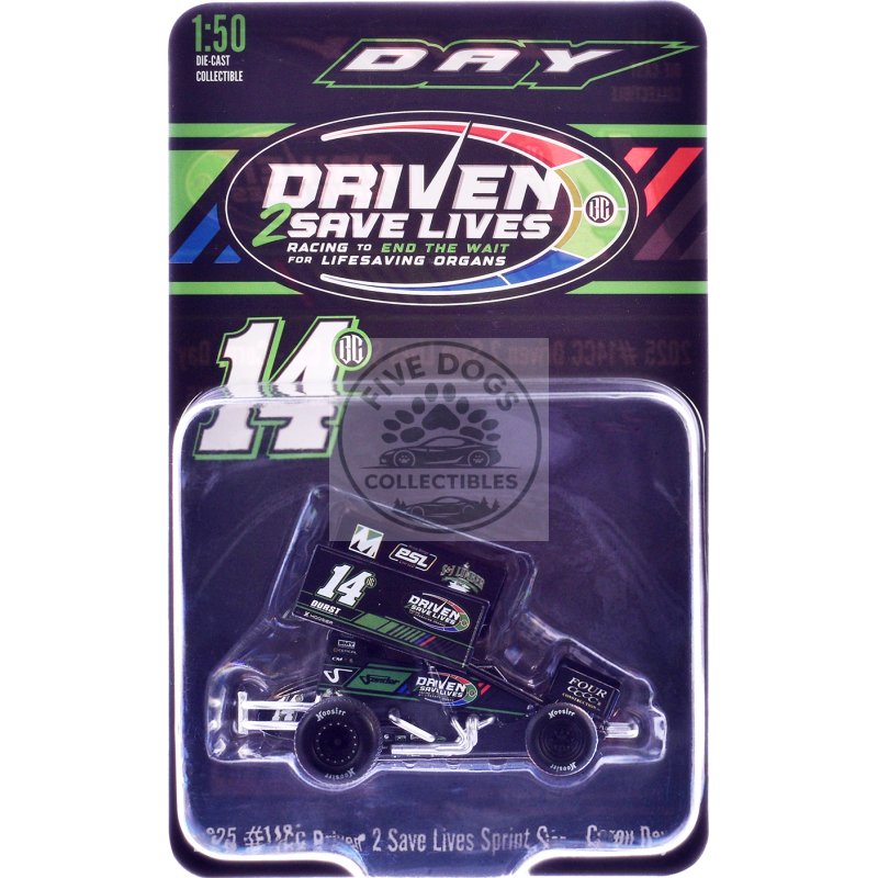 winged sprint car #14cc corey day (green version) "driven 2 save lives" jason meyers racing (2025) 1/50 diecast model car by acme