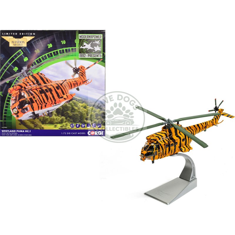 westland puma hc 1 helicopter "no. 230 squadron nato tiger meet livery riat" (2005) royal air force "the aviation archive" series 1/72 diecast model by corgi