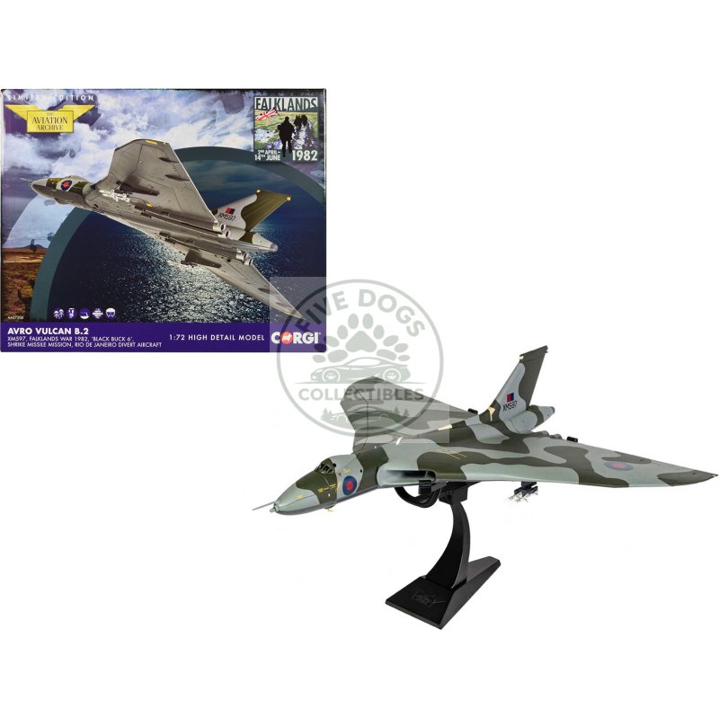 avro vulcan b2 bomber aircraft "xm597 'black buck 6 shrike missile mission rio de janeiro divert aircraft falklands war" (1982) british royal air force "the aviation archive" series 1/72 diecast model by corgi