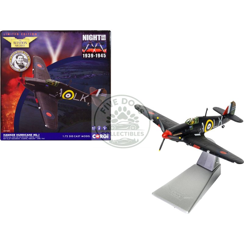 hawker hurricane mk.i fighter aircraft "sqn ldr. ian richard 'widge' gleed no.87 sqn colerne" (1941) british royal air force "the aviation archive" series 1/72 diecast model by corgi